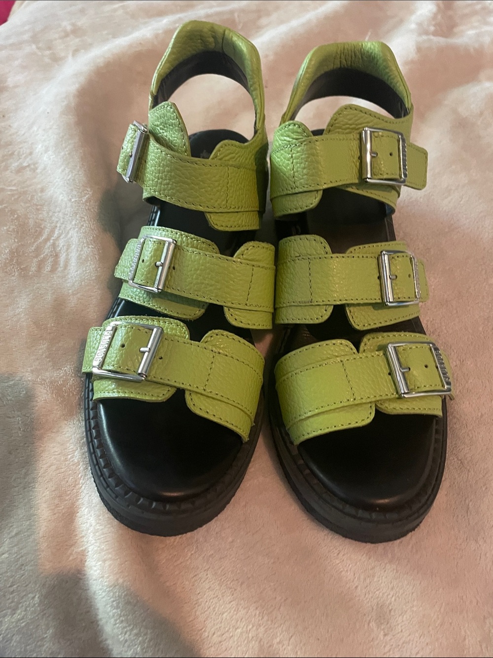 John Fluevog Lime Green Triple-Buckle Sandals